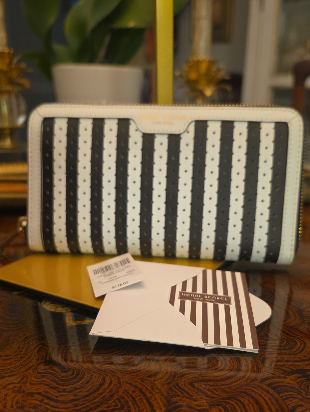 henri bendel Black and White Striped Zip Wallet NWT
